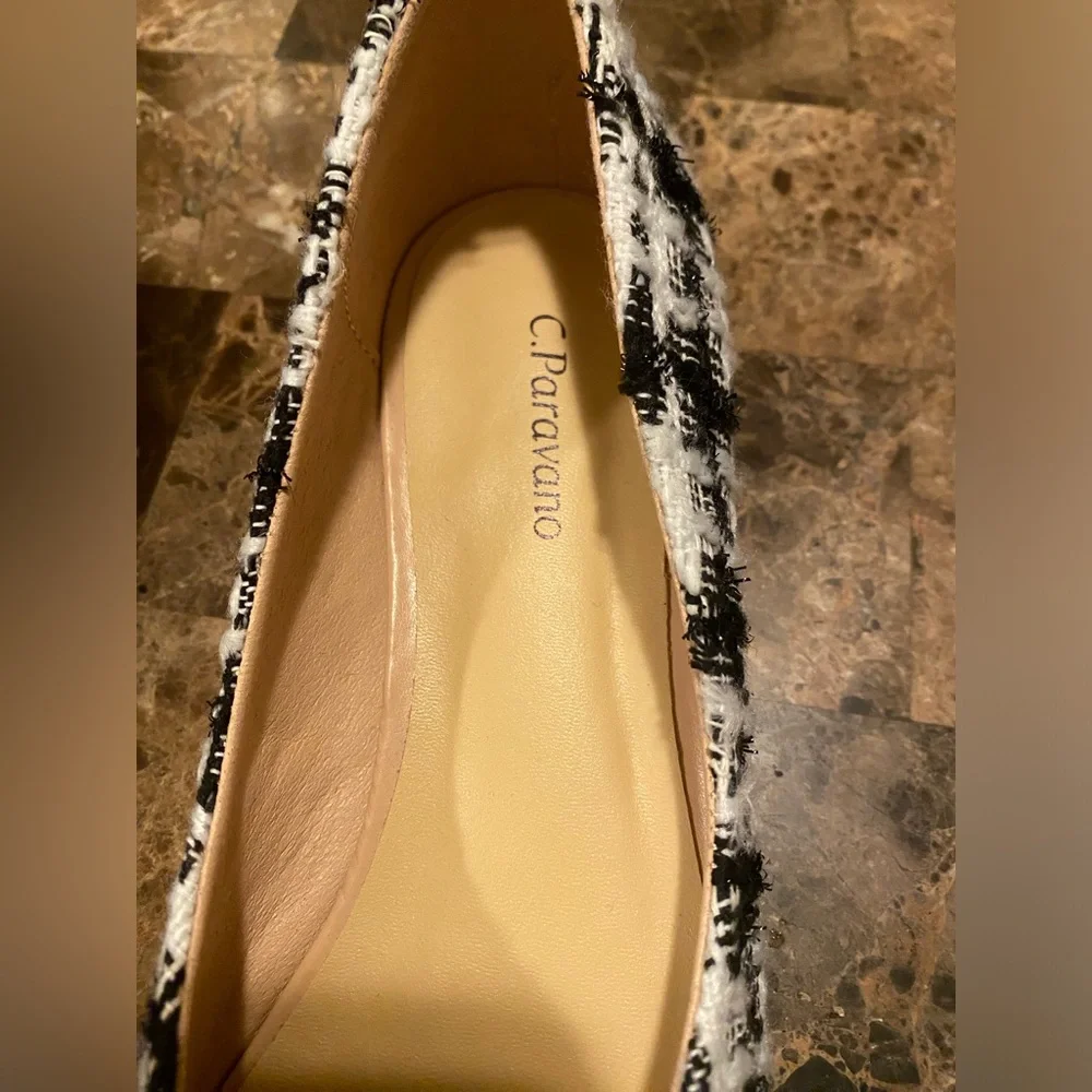 C. Paravano~Women’s Pointed Toe Leather Designer Ballet Flats, Black/White - Picture 9 of 15
